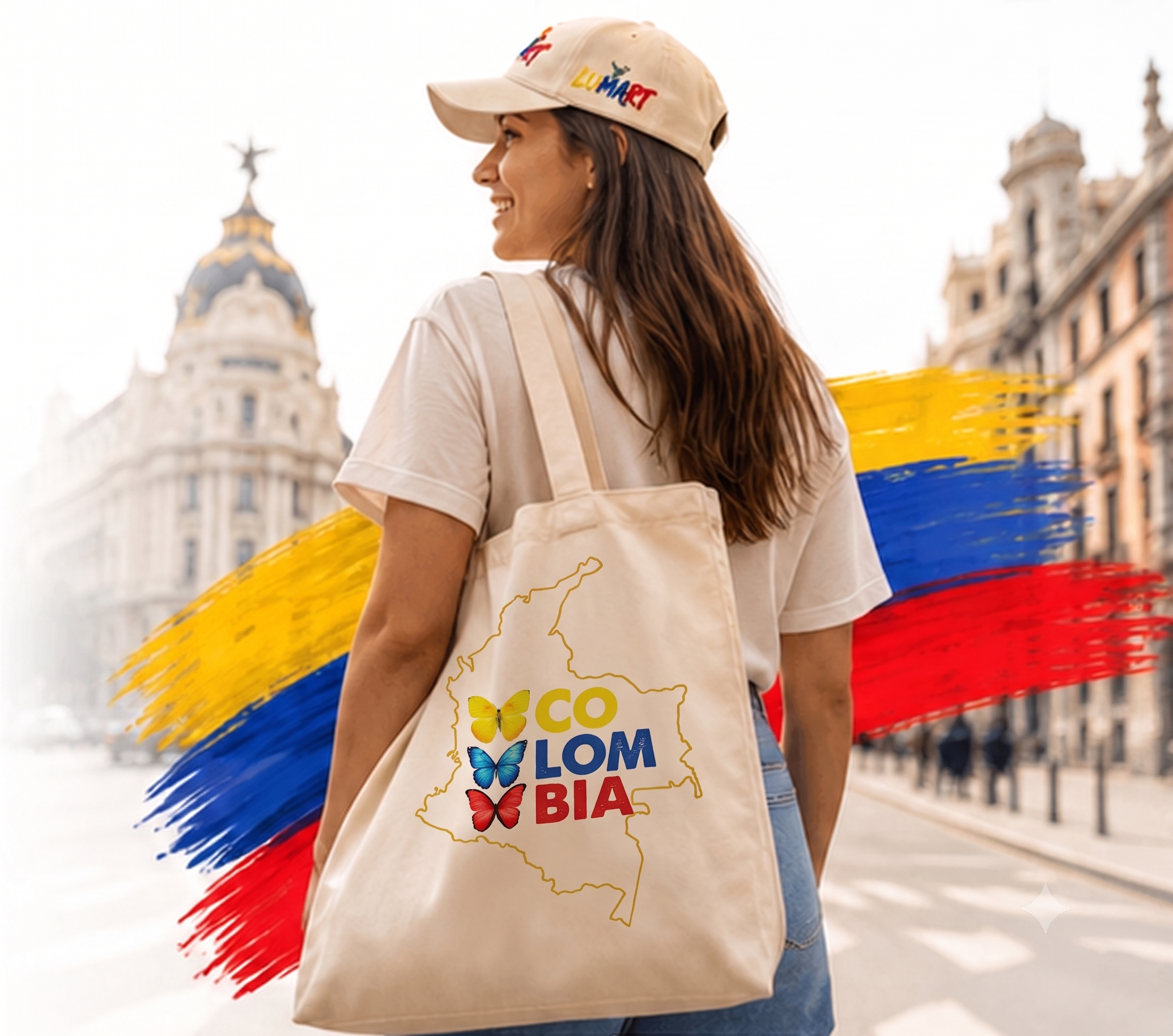 Mujer joven luciendo Tote Bag y Gorra LUMART con orgullo en Europa